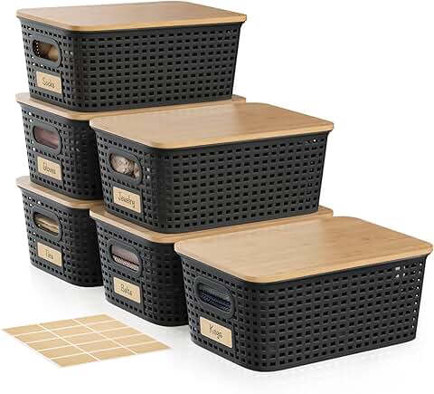 Set of 6 small black storage bins with bamboo lids