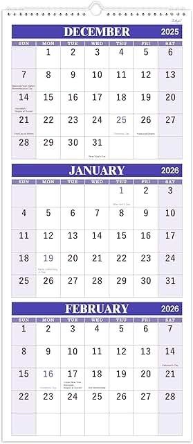 2026 Three-Month Vertical Wall Calendar