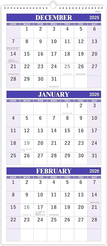 2026 Three-Month Vertical Wall Calendar