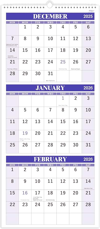 2026 Three-Month Vertical Wall Calendar