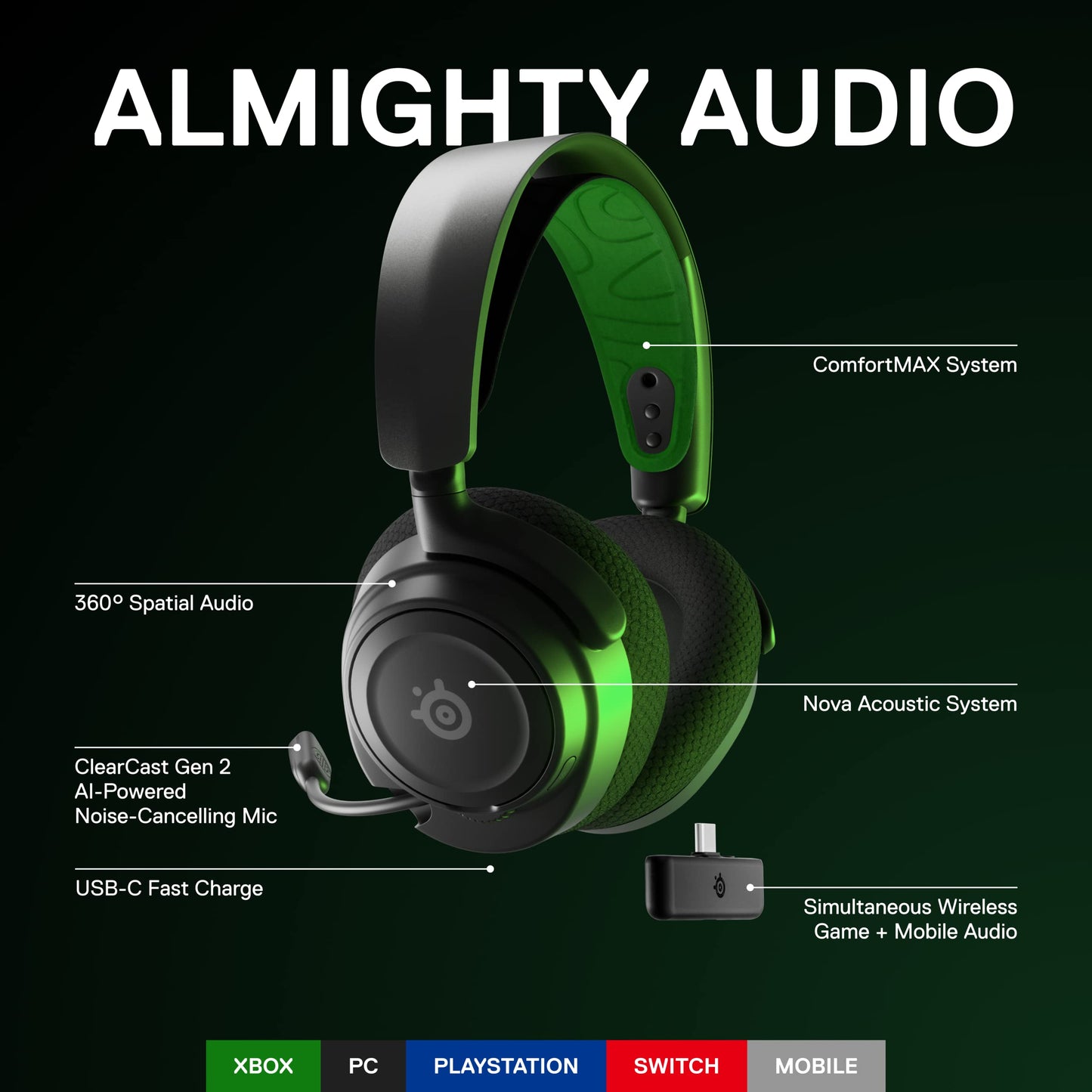 New Arctis Nova 7X Wireless Multi-Platform Gaming & Mobile Headset - Nova Acoustic System - Simultaneous Wireless 2.4GHz + Bluetooth - 38Hr Battery - USB-C - Xbox, PC, PS, Switch, Mobile