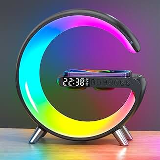 Black smart table lamp with wireless charger and Bluetooth speaker