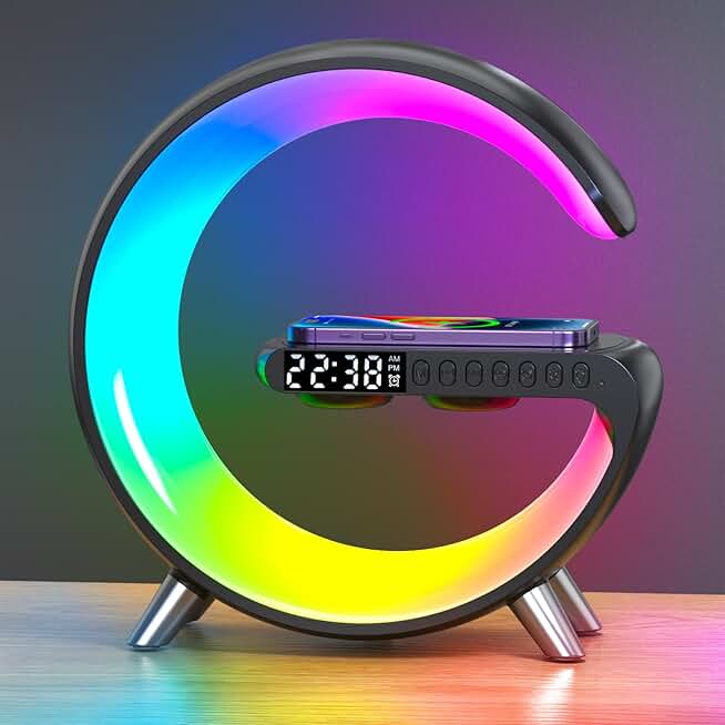 Black smart table lamp with wireless charger and Bluetooth speaker