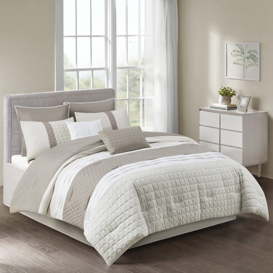 Tinsley Cozy Comforter Set  Geometric Honeycomb Design, All Season Down Alternative Casual Bedding with Matching Shams, Decorative Pillows, King(104"x92"), Khaki 8 Piece