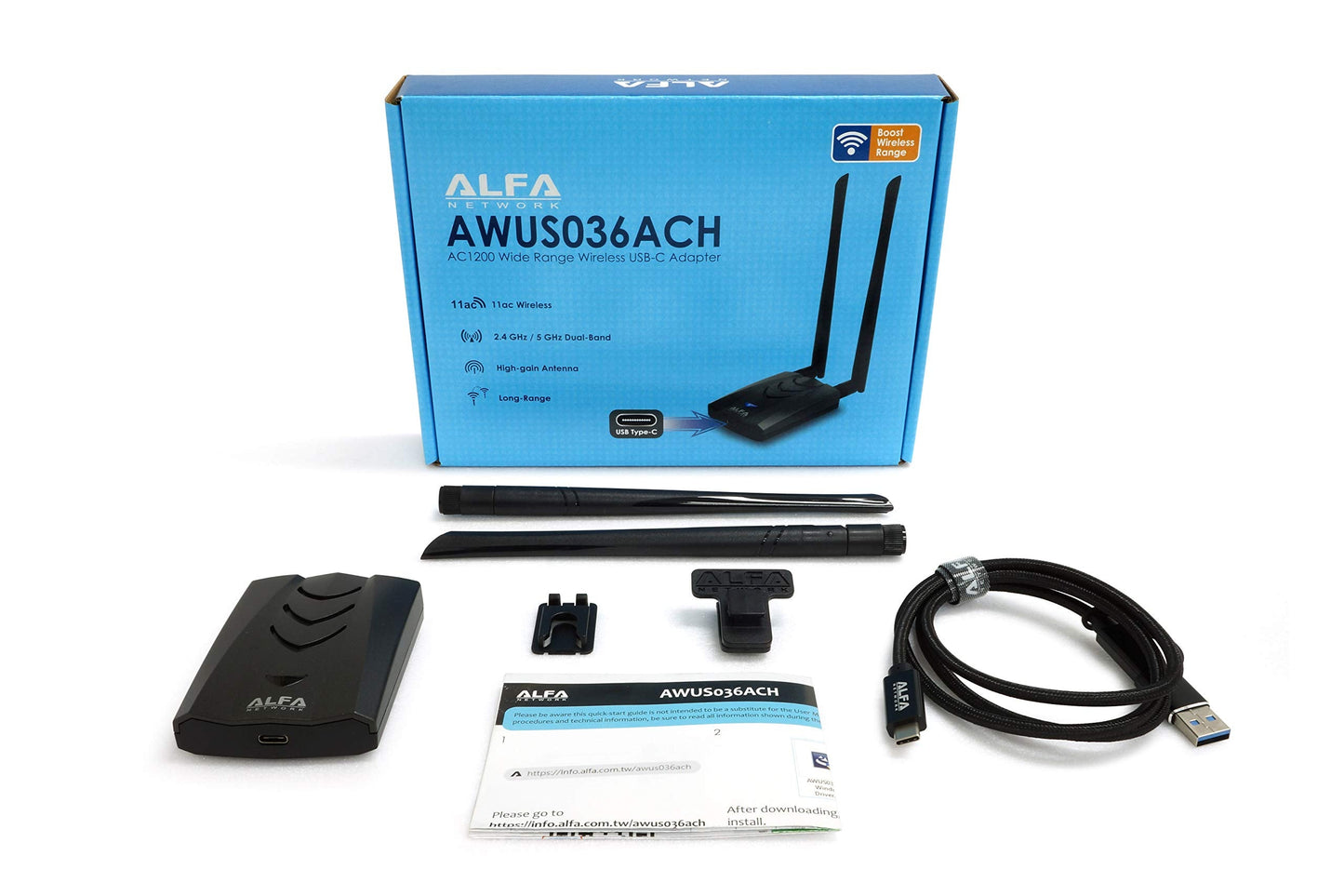 New Version Type-C WiFi USB AWUS036ACH Type-C Long-Range Dual-Band AC1200 Wireless USB Wi-Fi Adapter w/2x 5dBi External Antennas - 2.4GHz 300Mbps/5GHz 867Mbps - 802.11ac & A, B, G, N