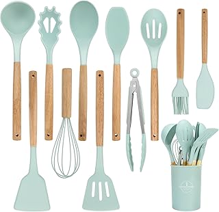 12-piece silicone kitchen utensil set with wooden handles