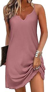 Sleeveless Ribbed Knit Nightgown with V Neck and Spaghetti Straps