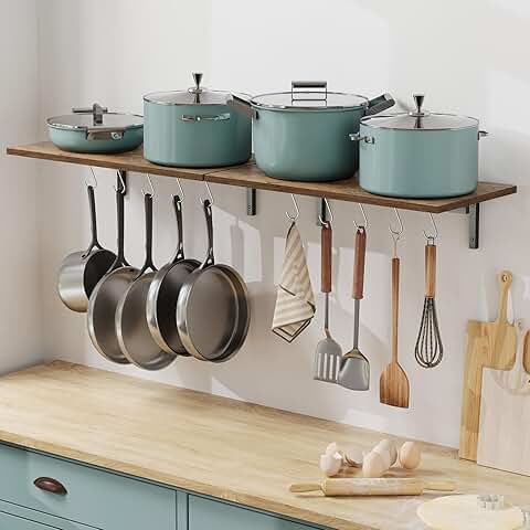 Set of 2 Wooden Wall-Mounted Pot Racks with Hooks