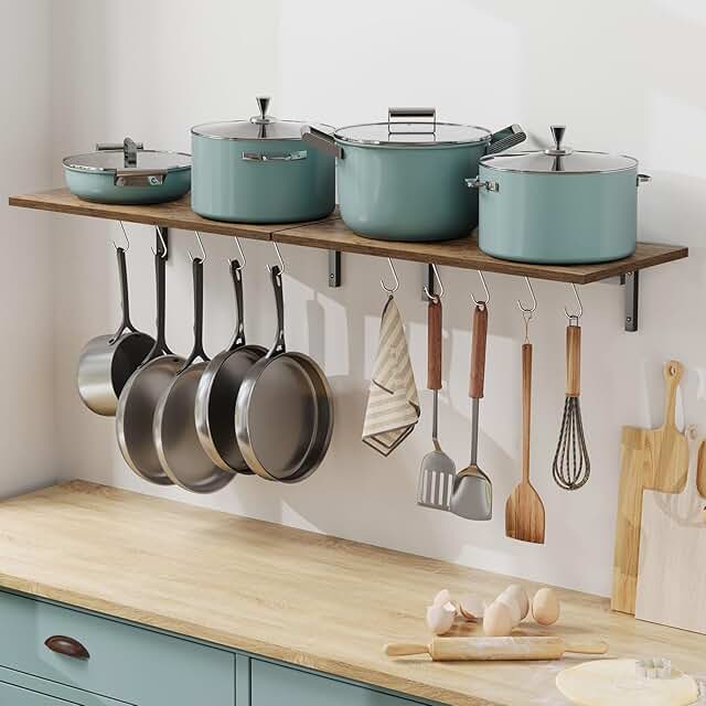 Set of 2 Wooden Wall-Mounted Pot Racks with Hooks