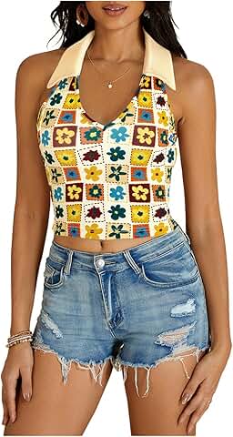 Women's Floral Backless Halter V-Neck Crop Top