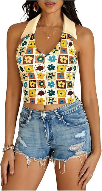 Women's Floral Backless Halter V-Neck Crop Top