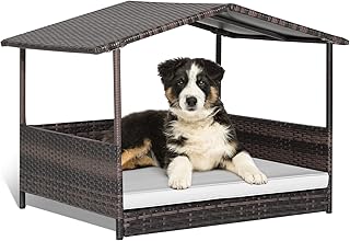 Raised Wicker Dog House with Waterproof Roof