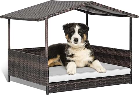 Raised Wicker Dog House with Waterproof Roof