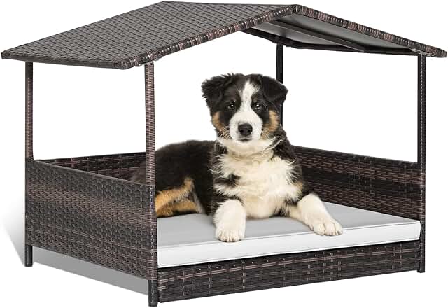 Raised Wicker Dog House with Waterproof Roof