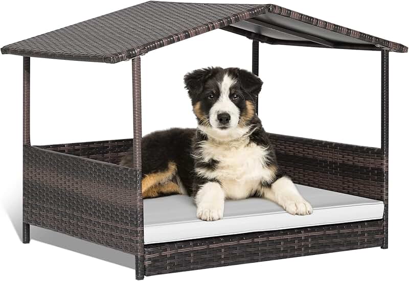 Raised Wicker Dog House with Waterproof Roof