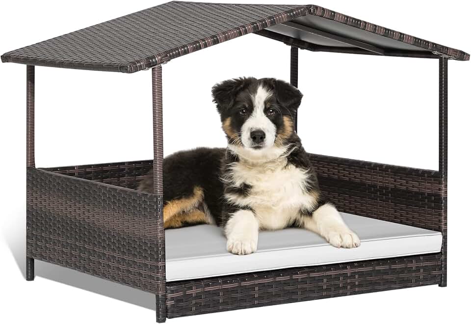 Raised Wicker Dog House with Waterproof Roof