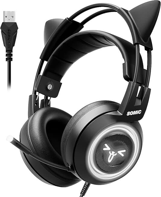 Black Gaming Headset with 7.1 Surround Sound and Cat Ear Lights