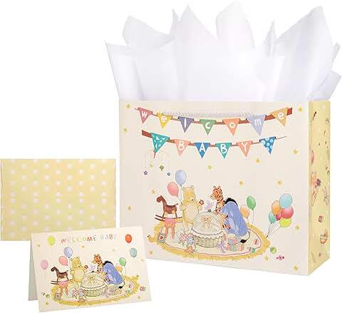 Large Winnie Gift Bags with Tissue and Card for Baby and Birthday Parties
