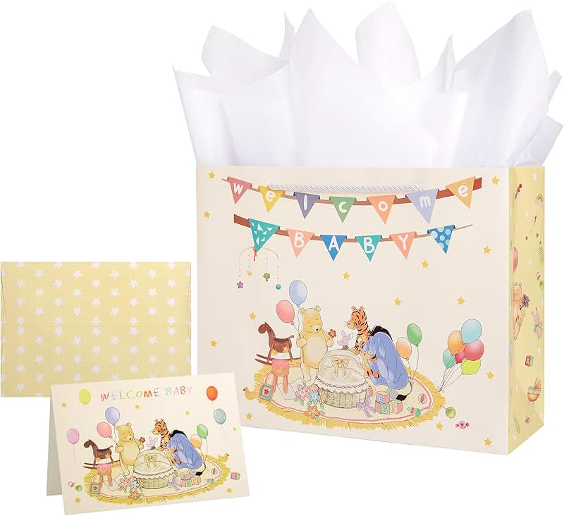 Large Winnie Gift Bags with Tissue and Card for Baby and Birthday Parties