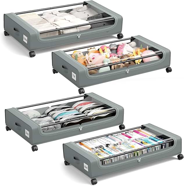 Set of 4 Large Under Bed Storage Containers with Clear Lids