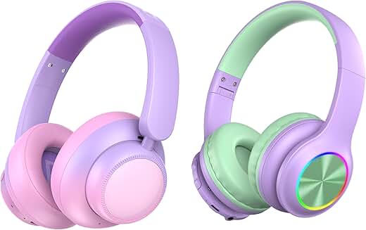 Pink noise-canceling headphones and purple Bluetooth headphones for kids
