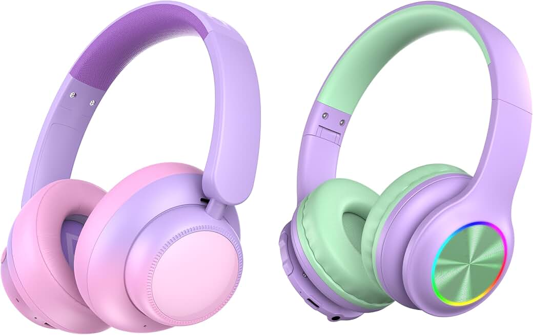 Pink noise-canceling headphones and purple Bluetooth headphones for kids