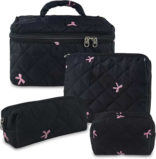Set of four quilted floral makeup bags for women and girls