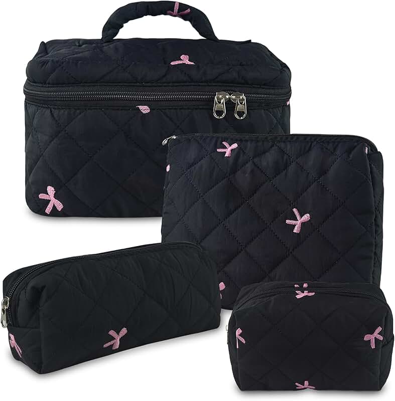 Set of four quilted floral makeup bags for women and girls
