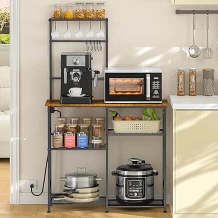 Rustic Brown 6-Tier Kitchen Storage Rack with Power Outlet