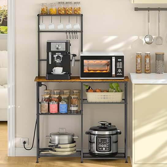 Rustic Brown 6-Tier Kitchen Storage Rack with Power Outlet