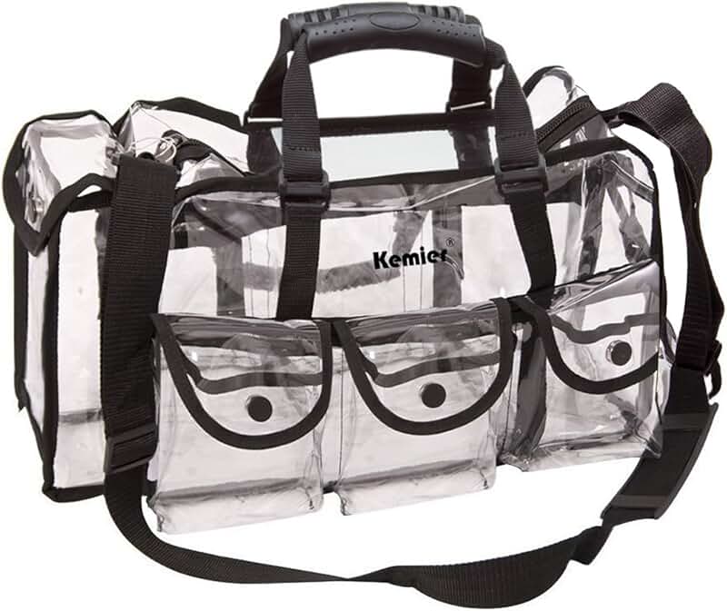 Large clear travel makeup bag with six external pockets
