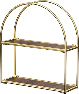 Gold Arched Wall Shelf with Two Tiers and Walnut Finish