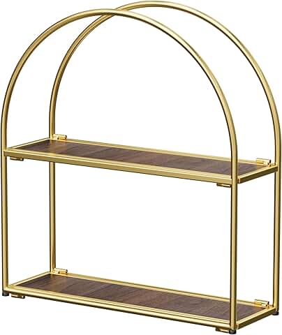Gold Arched Wall Shelf with Two Tiers and Walnut Finish