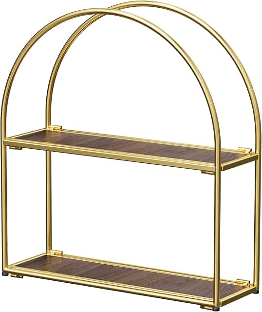 Gold Arched Wall Shelf with Two Tiers and Walnut Finish