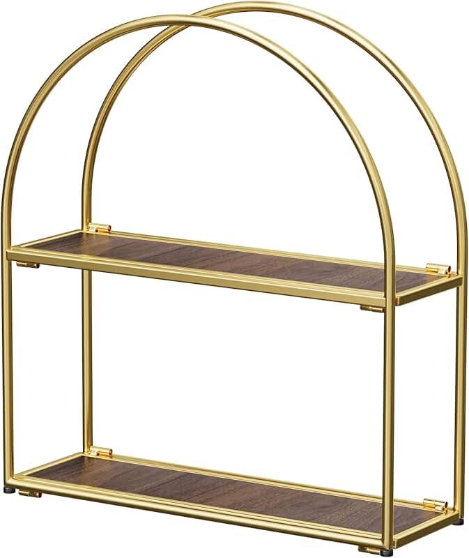 Gold Arched Wall Shelf with Two Tiers and Walnut Finish