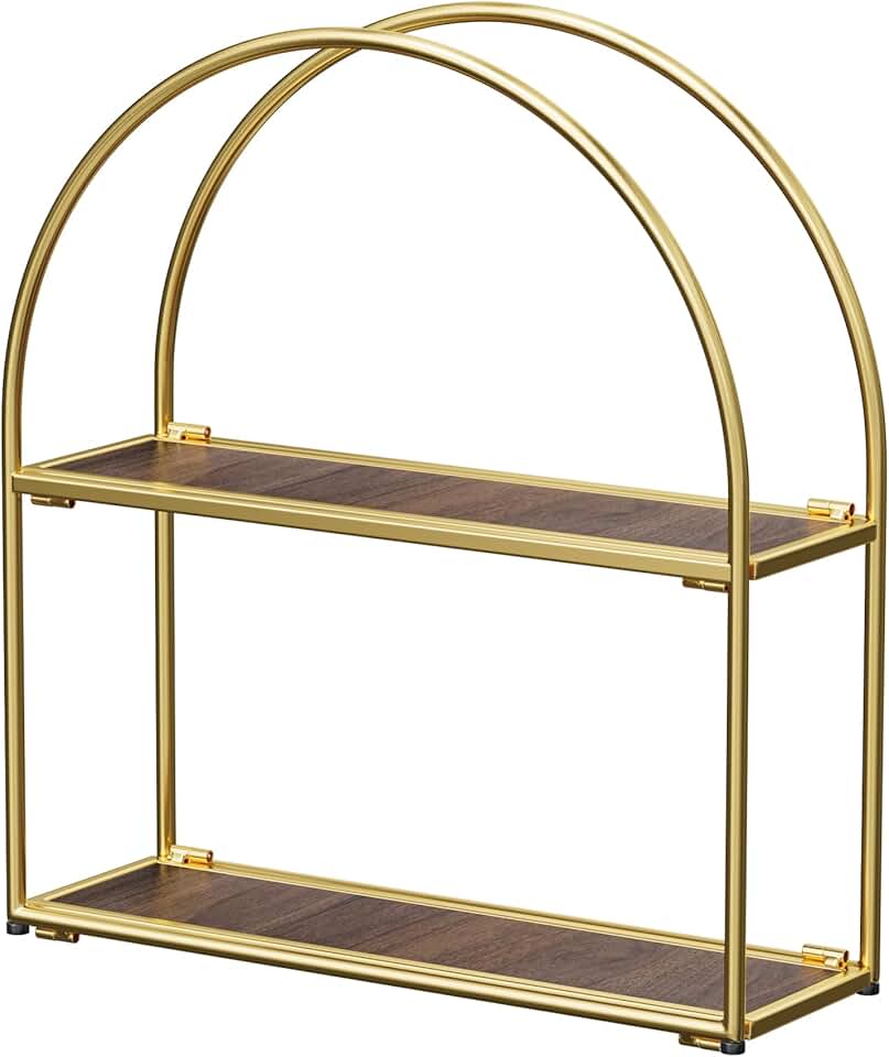 Gold Arched Wall Shelf with Two Tiers and Walnut Finish