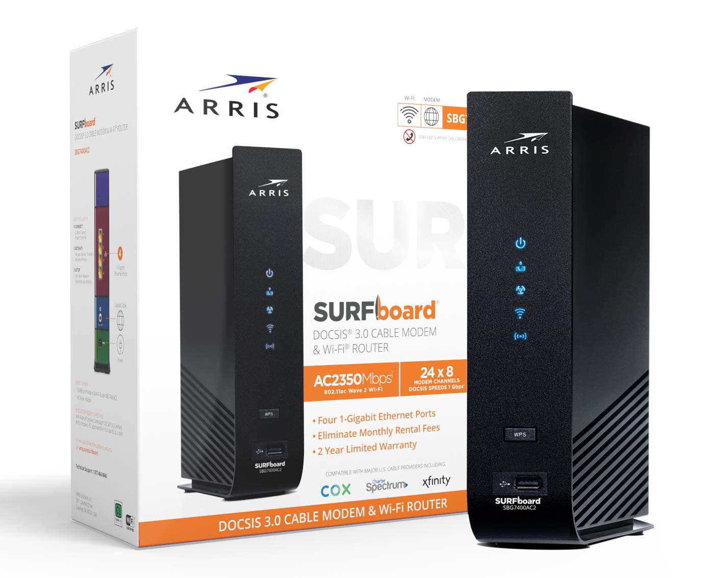 SURFboard SBG7400AC2 DOCSIS 3.0 Cable Modem & AC2350 Wi-Fi Router | Approved for Comcast Xfinity, Cox, Charter Spectrum & more | Four 1 Gbps Ports | 800 Mbps Max Internet Speeds 2 Year Warranty
