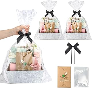 Large Silver Leather Gift Basket with Bags and Ribbons