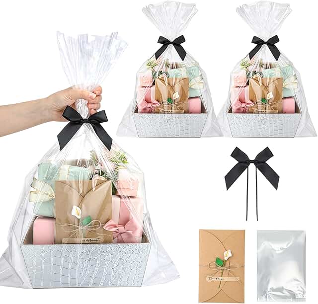 Large Silver Leather Gift Basket with Bags and Ribbons