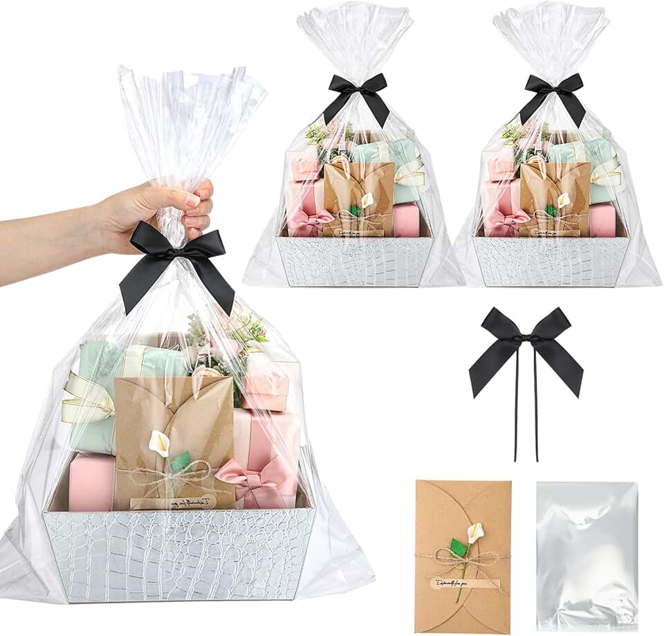 Large Silver Leather Gift Basket with Bags and Ribbons