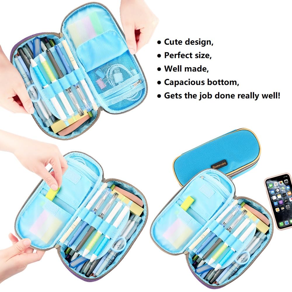 Large Blue Pencil and Makeup Case with Double Zippers