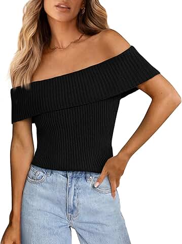 Women's 2025 Summer Off Shoulder Ribbed Knit Short Sleeve Top