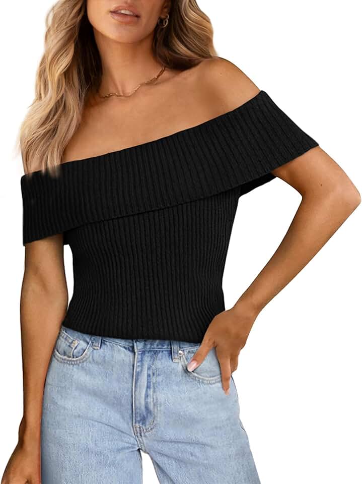 Women's 2025 Summer Off Shoulder Ribbed Knit Short Sleeve Top