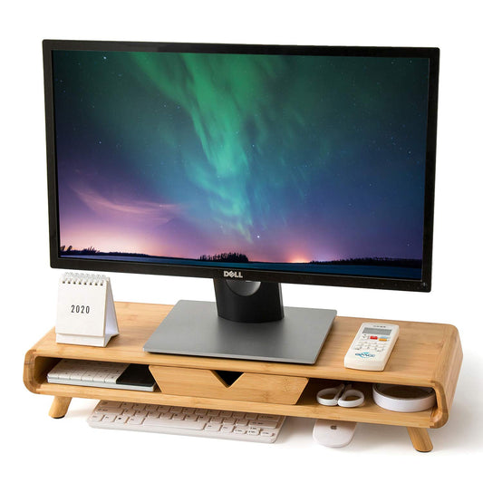 Bamboo monitor stand with drawer, no assembly, ergonomic height