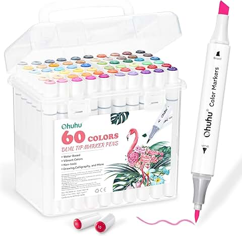 60 Water-Based Dual Tip Markers for Coloring and Drawing