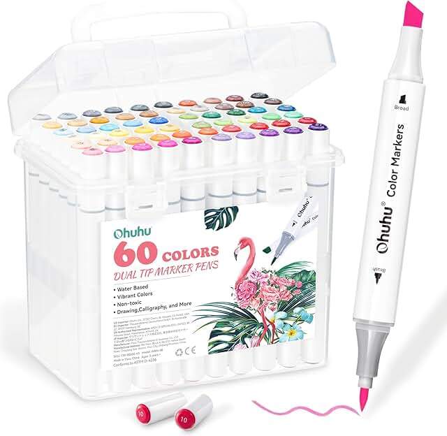60 Water-Based Dual Tip Markers for Coloring and Drawing