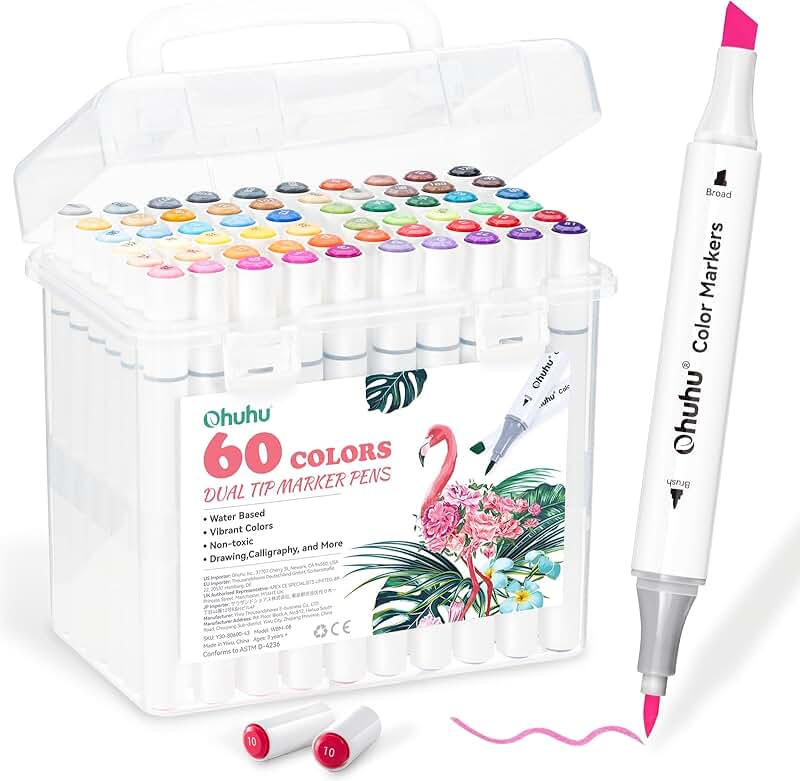 60 Water-Based Dual Tip Markers for Coloring and Drawing