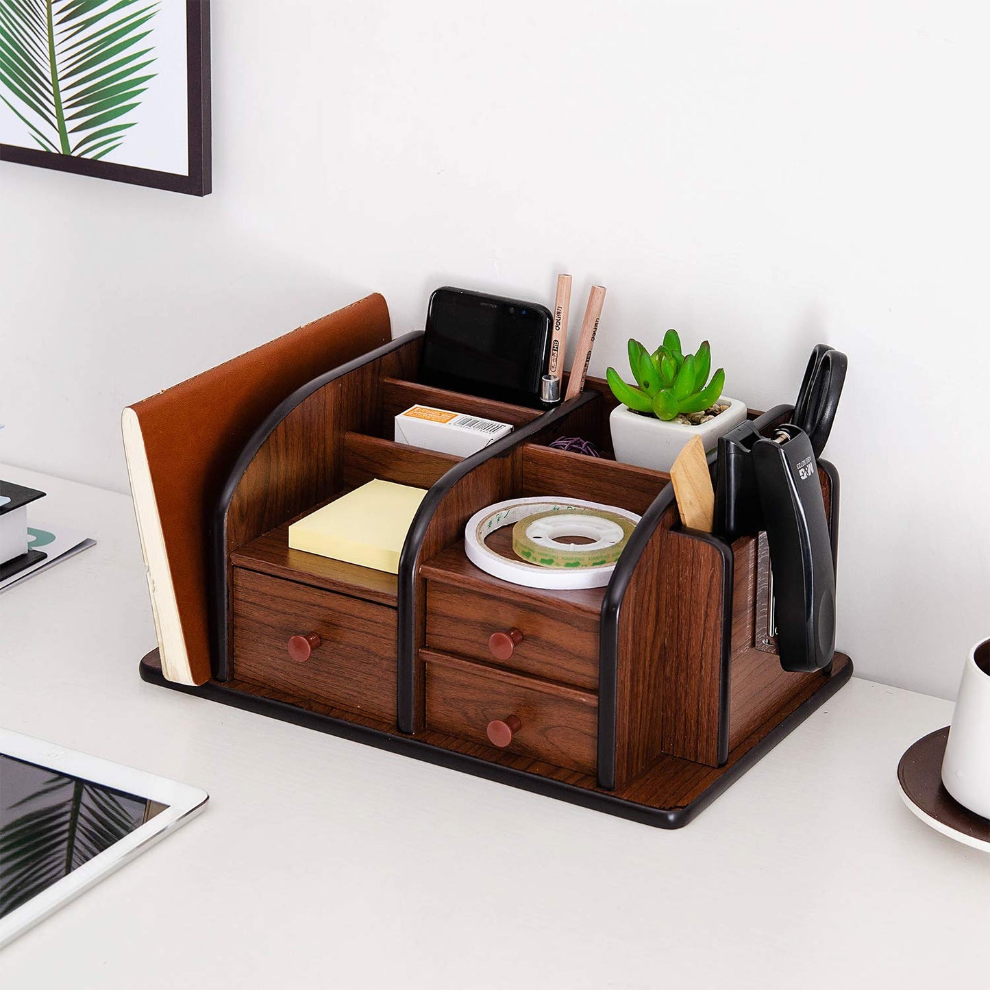 Brown Wooden Desk Organizer with Drawers and Shelves