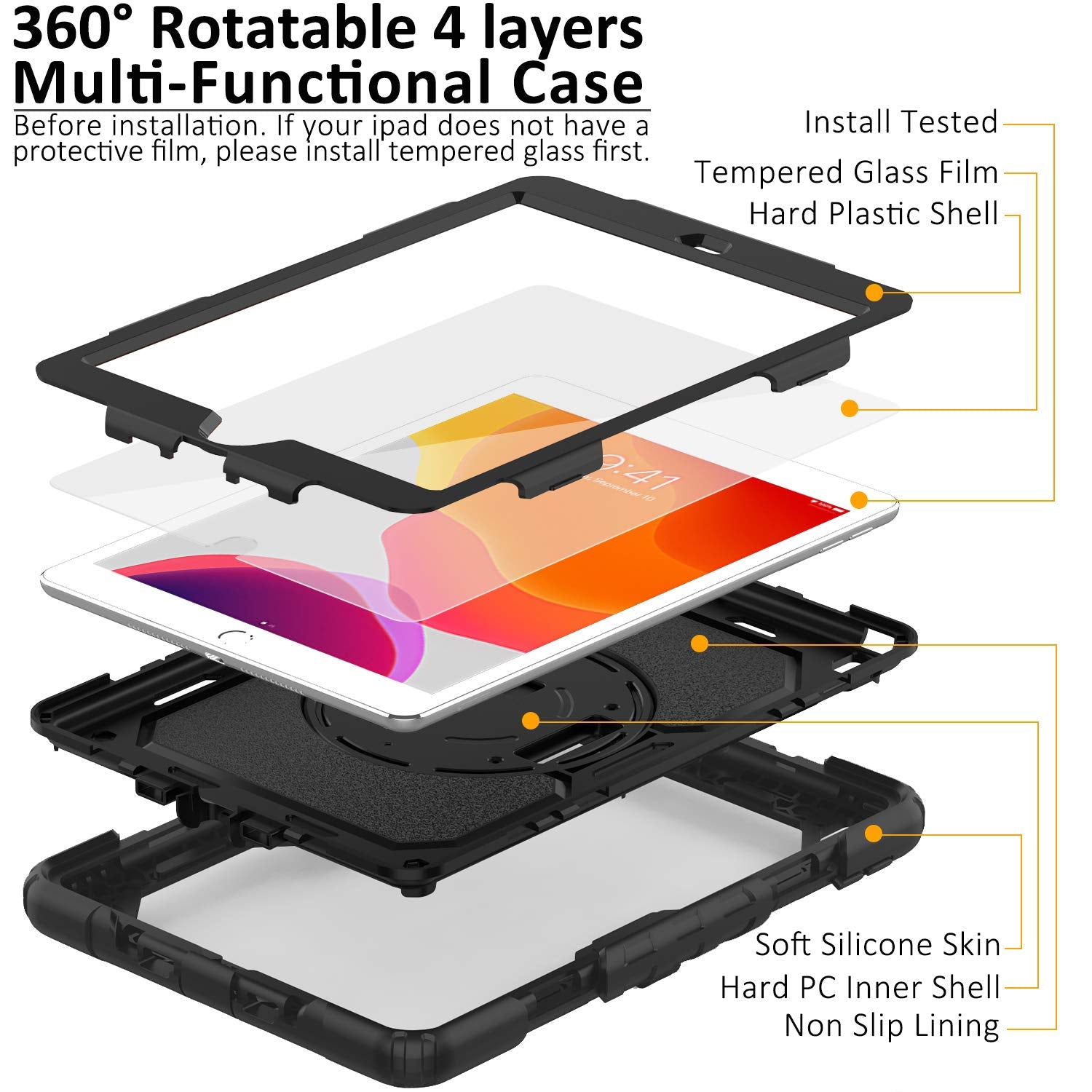 iPad 9th/8th/7th Generation Case, iPad 10.2 Case 2021/2020/2019, [Kid Proof] Full Body Protective Case with 9H Tempered Glass Screen Protector, 360 Rotatable Kickstand & Hand Strap (Black)