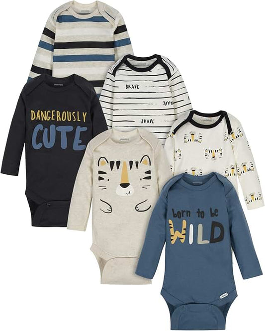 Six unisex long sleeve baby bodysuits